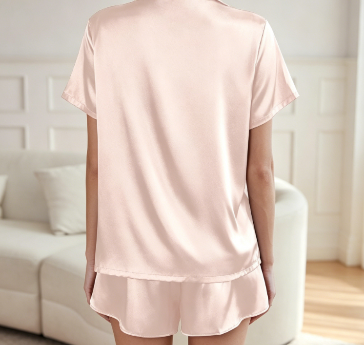 Short-Sleeve Satin Two-Piece Button-Up Loungewear Set