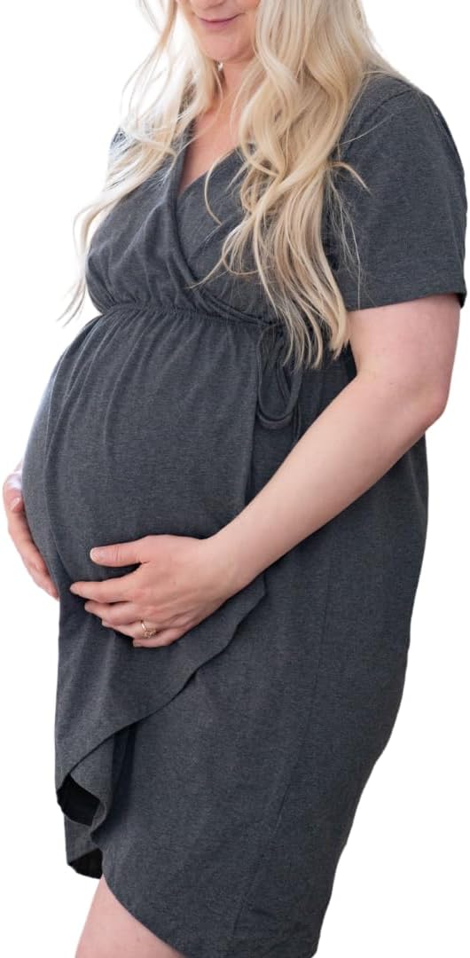 Delivery Robe, Black Pure Cotton Maternity Robe, Elastic Waistband, Suitable for Breastfeeding/Skin Contact