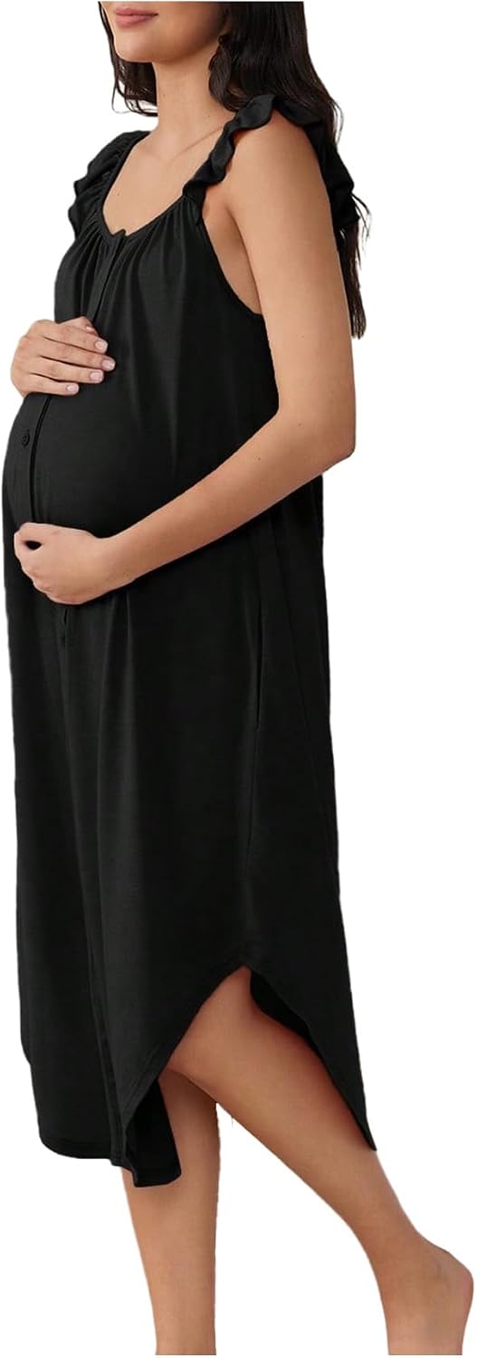 Women's Maternity Nursing Robe, Maternity Room Robe, Button-Up Ruffled Short-Sleeved Long Pajamas