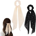 Long Silk Ribbon Scrunchies for Girls Women Glitter Sequin Hair Bow Tie White Black Sparkly Hair Tie with Long Tail Bow Scrunchies for Women Girls Silk Ponytail Holders Knotted Ribbon Hair Ties 2Pcs