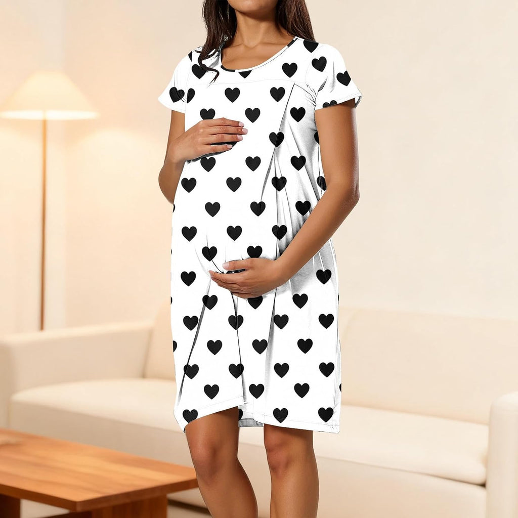 Women's heart-print maternity nursing dress, short-sleeved nursing robe, maternity wear