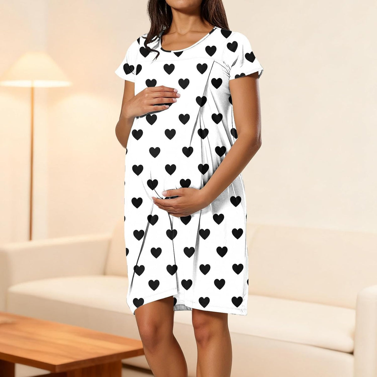 Women's heart-print maternity nursing dress, short-sleeved nursing robe, maternity wear