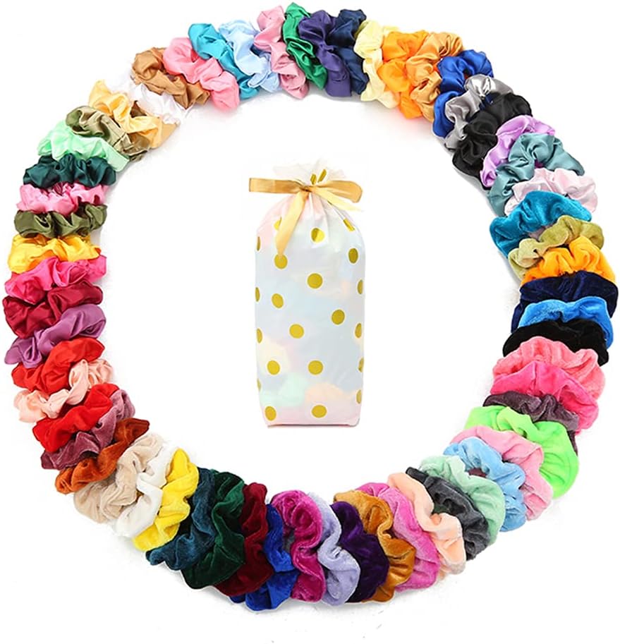 60 Pcs Multicolor Velvet & Silk Scrunchies for Women & Girls, 60 Count (Pack of 1), Hair Accessories with Gift Bag