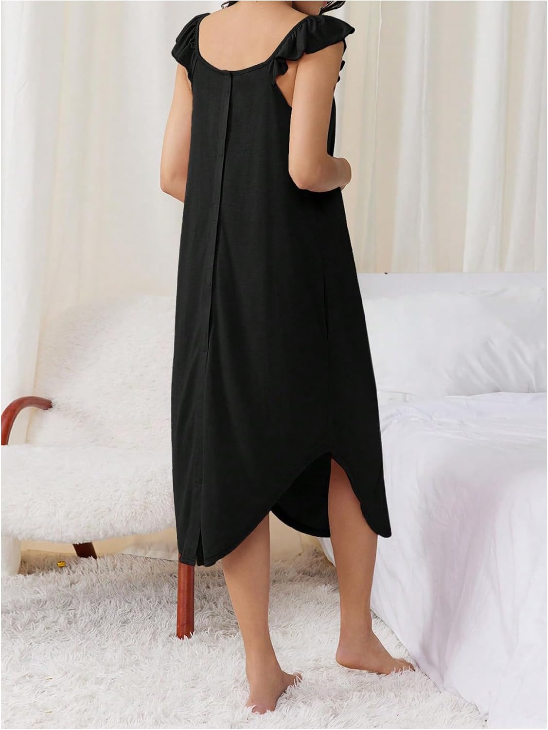 Women's Maternity Nursing Robe, Maternity Room Robe, Button-Up Ruffled Short-Sleeved Long Pajamas