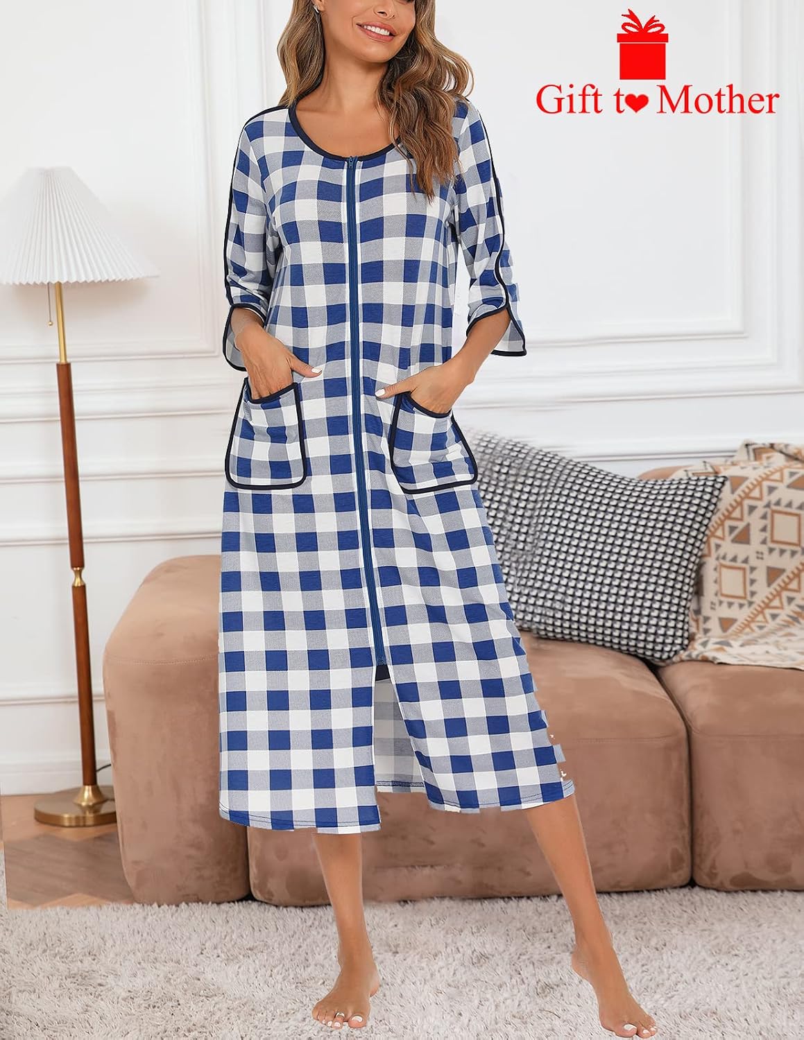 Women's Zipper Robe, Long Striped Women's Loungewear, with Pockets