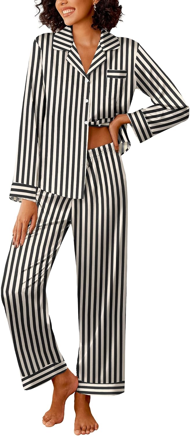 Pajama Set, Long-Sleeved Button-Up Top with Striped Pants