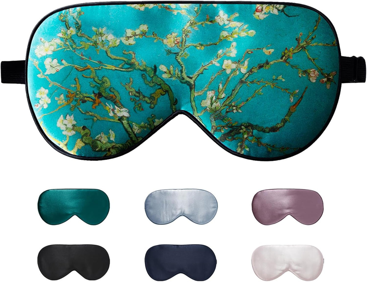 100% Mulberry Silk Sleep Mask with Travel Bag. Both Sides Real 19 Momme Silk, Adjustable Eye Mask for Women, Green Floral