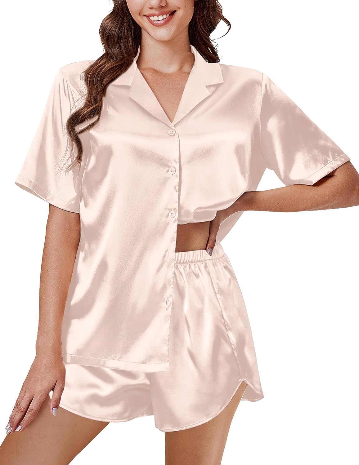 Short-Sleeve Satin Two-Piece Button-Up Loungewear Set