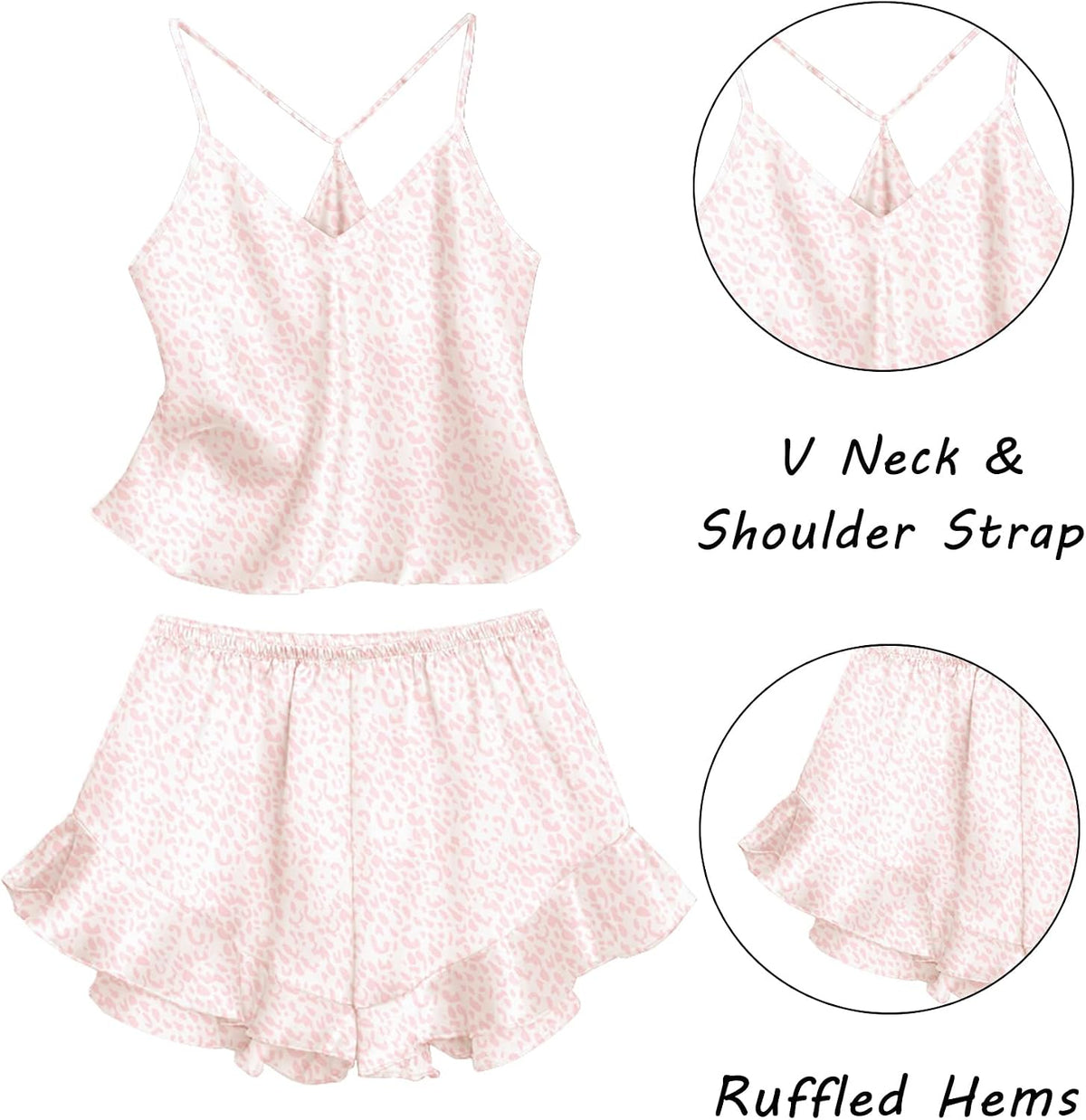 Women's Satin Pajama Set, Silk Lingerie, Ruffled Print Pajamas