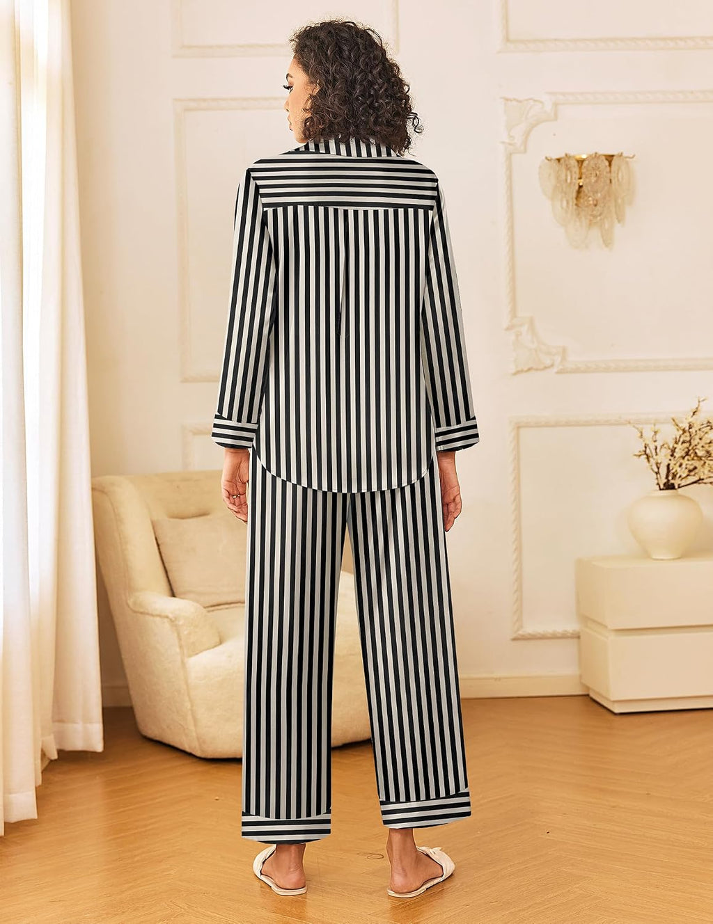 Pajama Set, Long-Sleeved Button-Up Top with Striped Pants