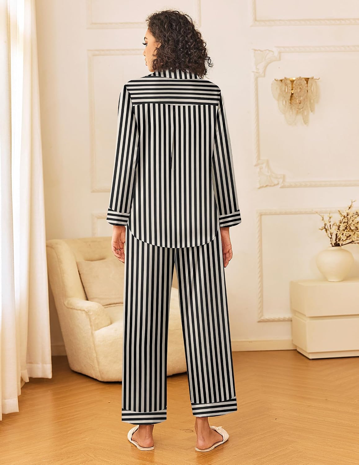 Pajama Set, Long-Sleeved Button-Up Top with Striped Pants