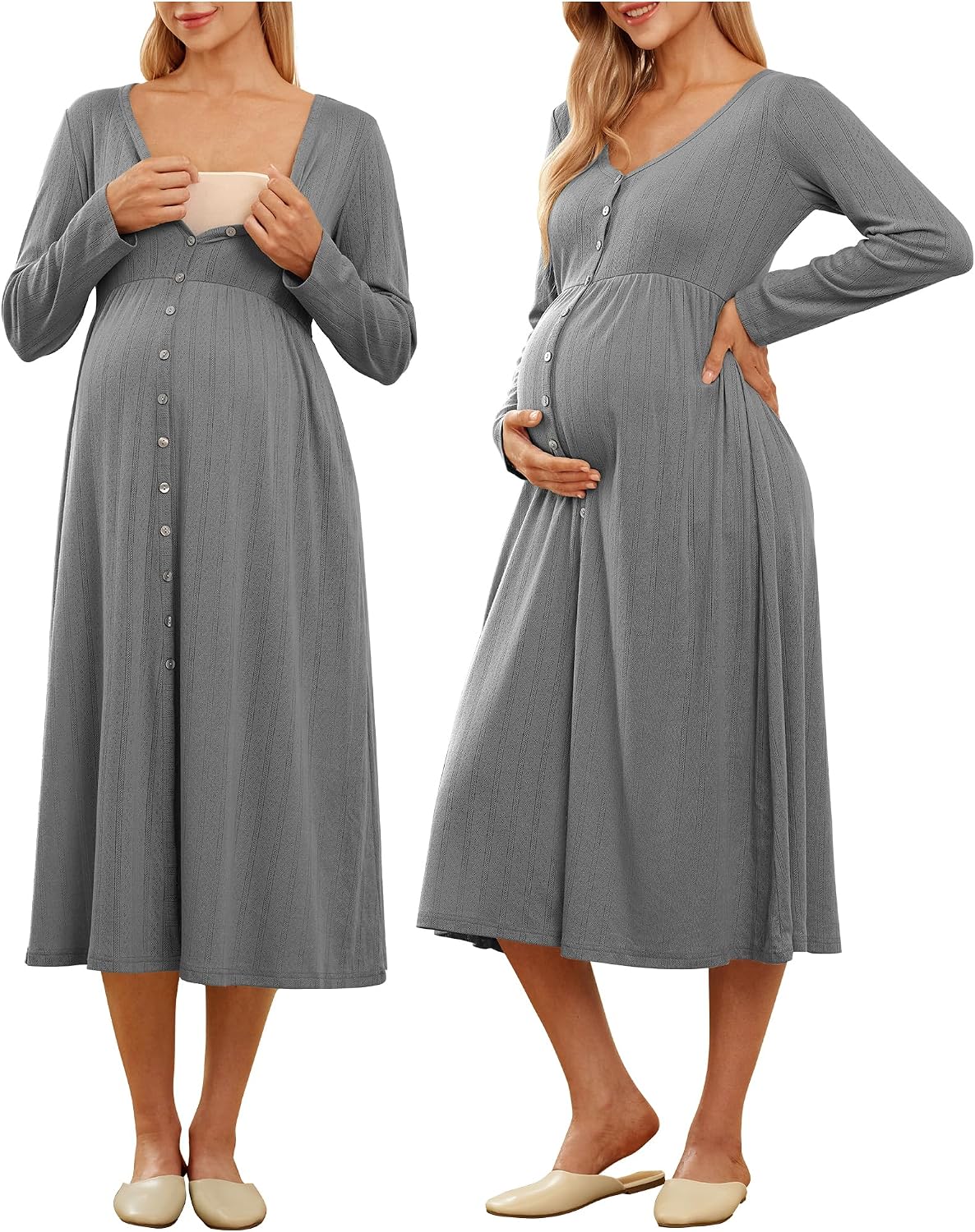 Cotton blend maternity pajamas, button-down nursing robe, maternity nursing dress, with pockets