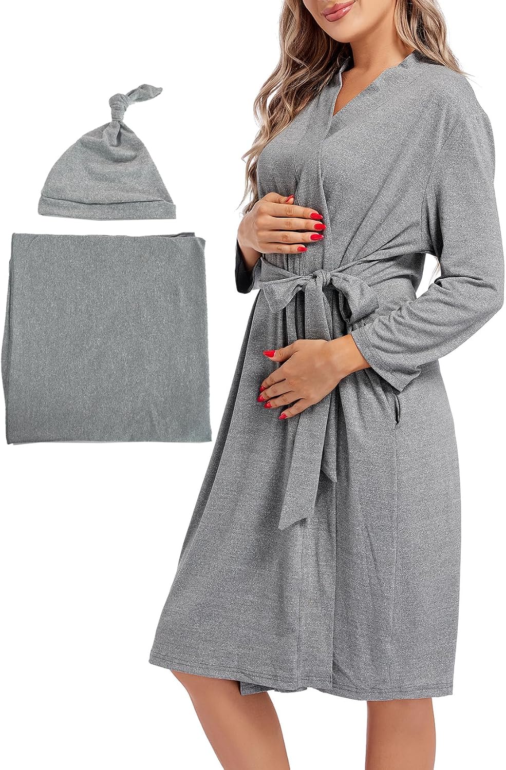 Maternity robes, including matching swaddle blankets, postpartum maternity bathrobes and pajamas