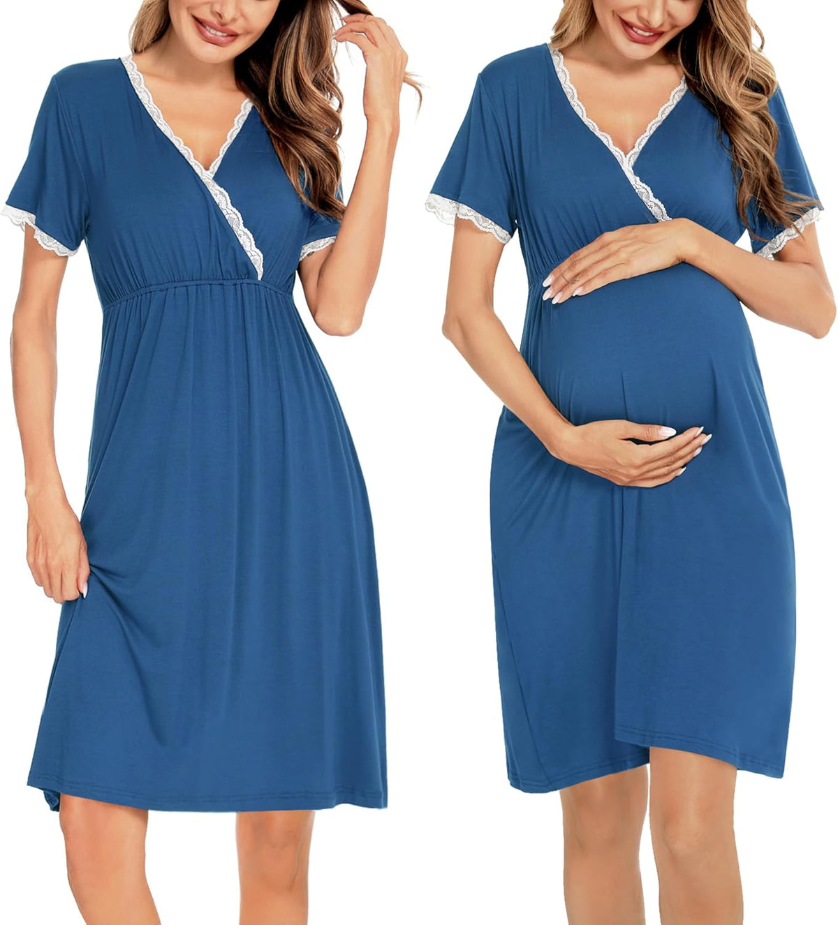 Women's 3-in-1 maternity/birth/nursing robe, short-sleeved pleated maternity pajamas, suitable for nursing